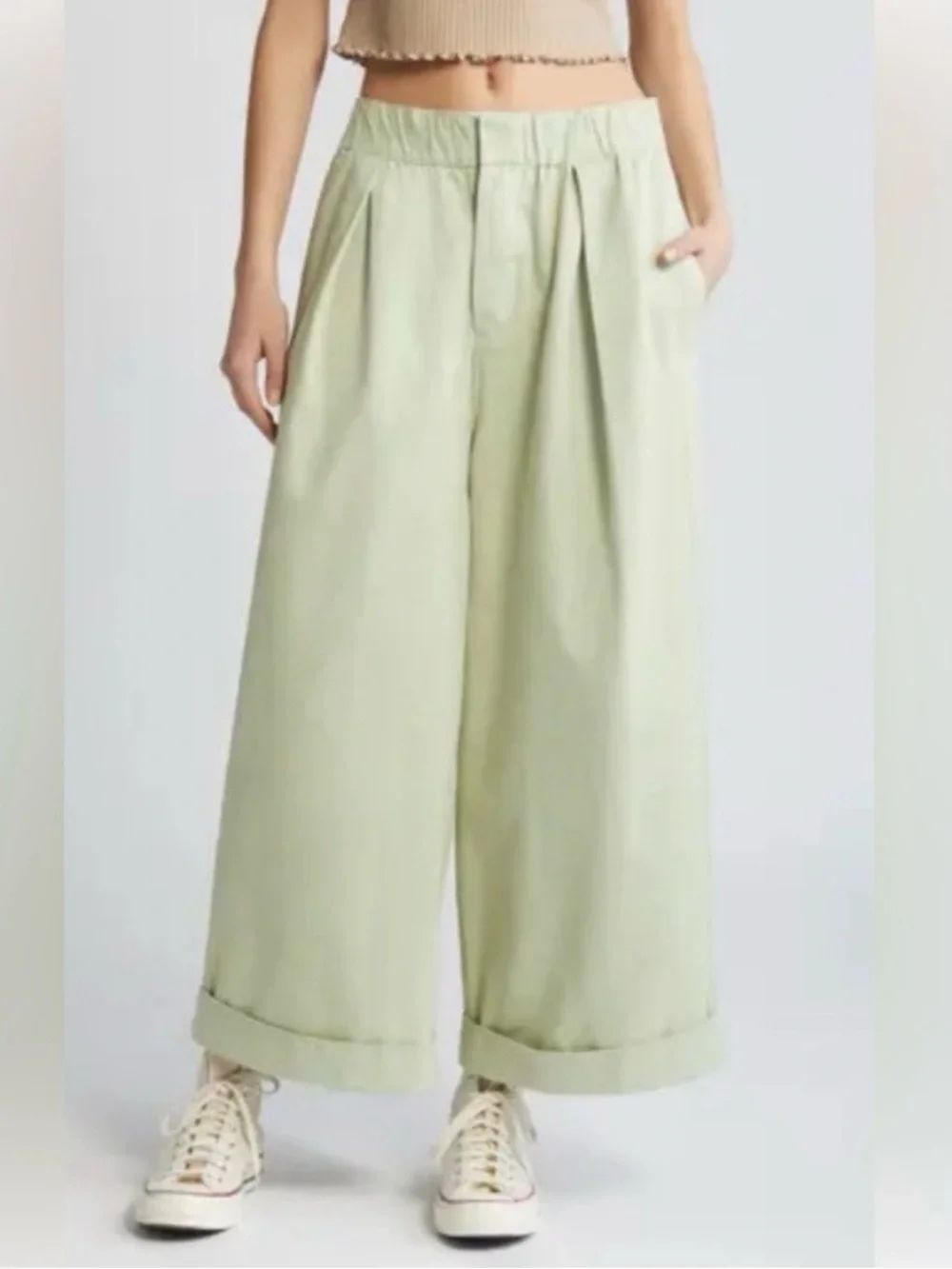 Free People After Love Roll Cuff Wide Leg Pants Size M Light Green